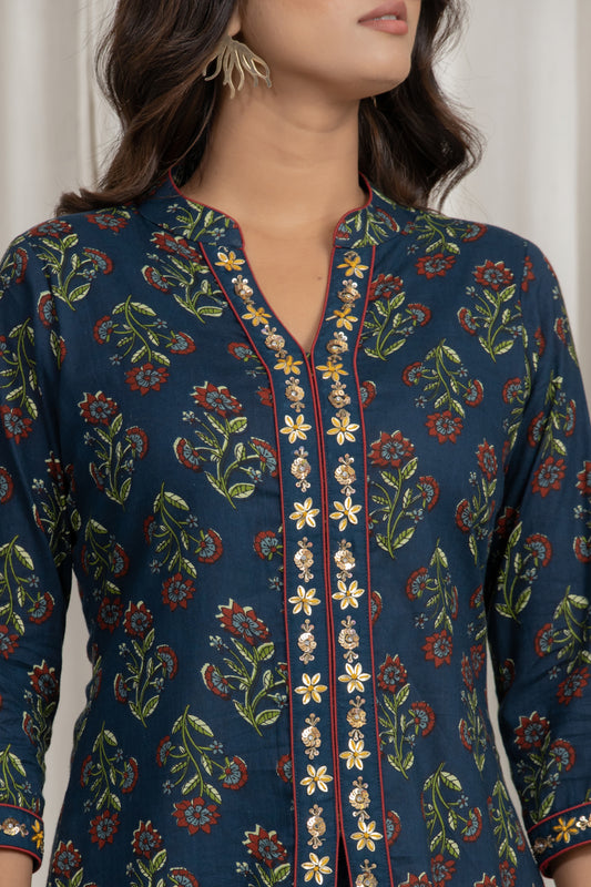 Navy Blue Embroidered Short Designer Kurta For Women(Sizes Available Upto 5XL)