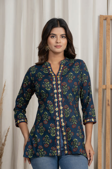 Navy Blue Embroidered Short Designer Kurta For Women(Sizes Available Upto 5XL)