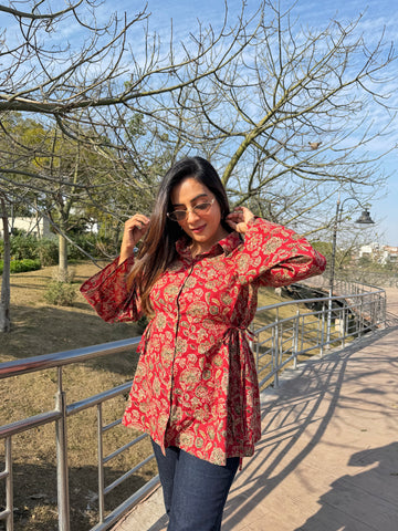 Maroon Printed Beige Cotton Shirt With Bell Sleeves & Side Tie Up
