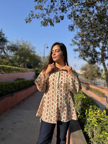 Geometric Printed Beige Cotton Shirt With Bell Sleeves & Side Tie Up