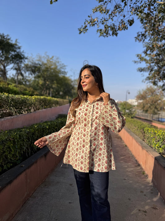 Geometric Printed Beige Cotton Shirt With Bell Sleeves & Side Tie Up