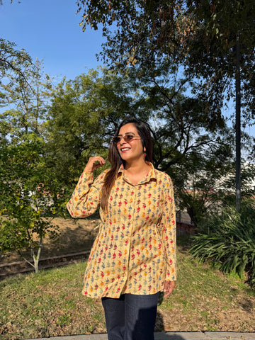 Beige Cotton Shirt With Bell Sleeves & Side Tie Up