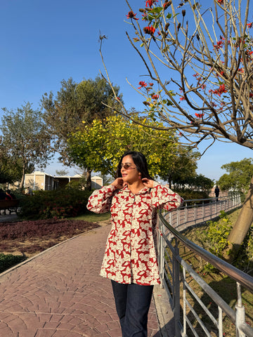 Red Floral Cotton Shirt With Bell Sleeves & Side Tie Up