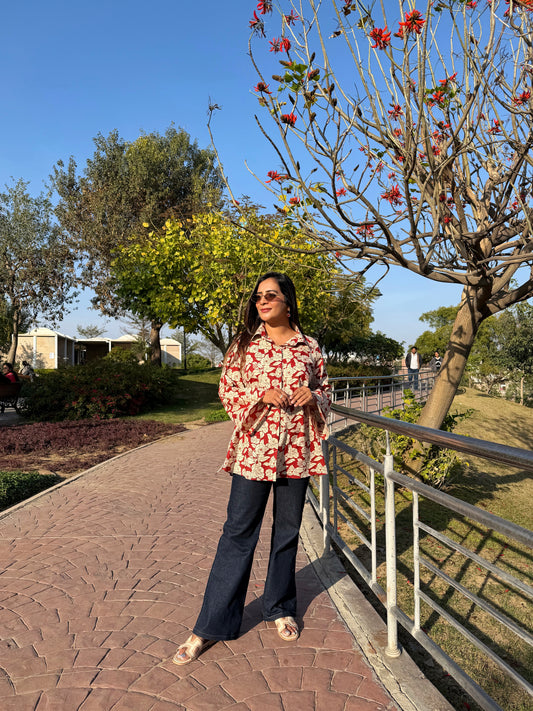 Red Floral Cotton Shirt With Bell Sleeves & Side Tie Up