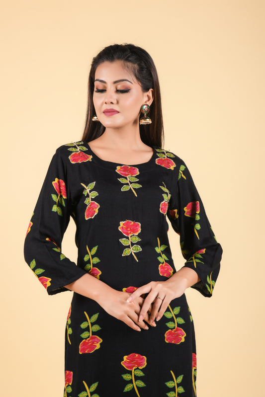 Printed Black Rayon Kurti