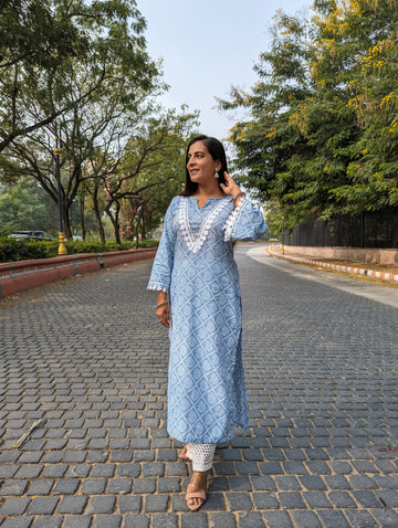 Cotton Kurta Set with Schiffli Palazzo