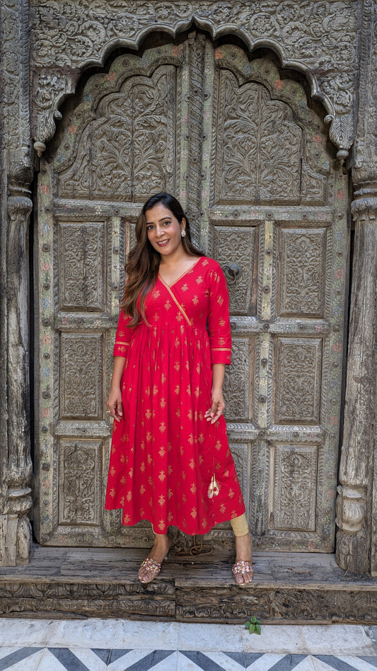 Gold Printed Red Cotton Kurti