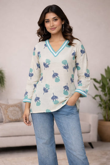 Off White Cotton Printed Kurti