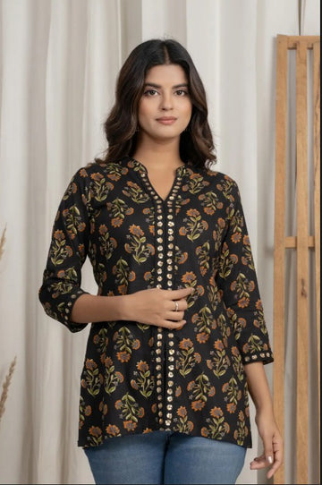 Black Embroidered Short Designer Kurta for Women (Sizes available upto 5XL)