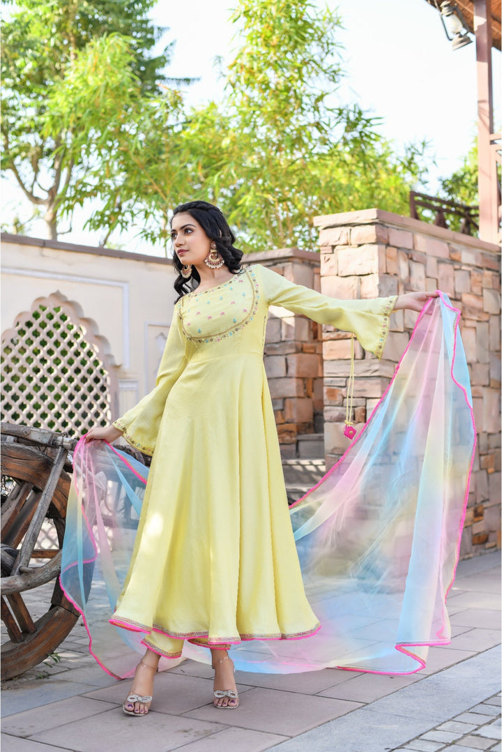 Anastay Lemon Yellow Sequence & Resham Embroidered Anarkali Set with Multi-Color Organza Dupatta