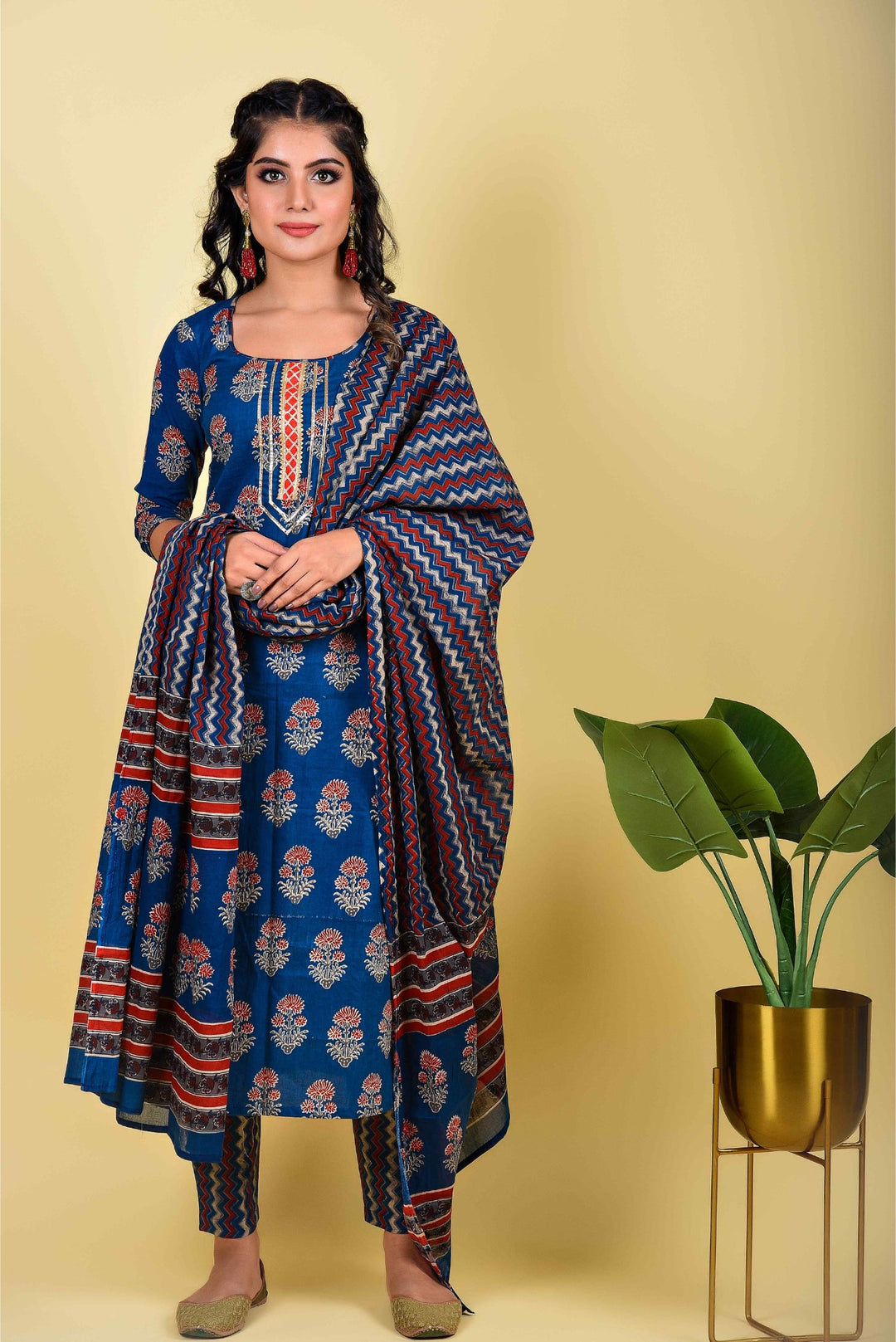 Anastay 3 Piece Royal Blue and Pike Red cotton Kurta styled with wrick-wrack and floral printed dupatta and pants