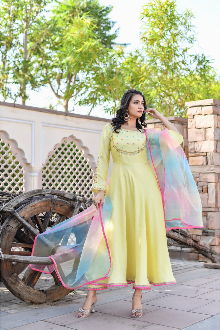 Anastay Lemon Yellow Sequence & Resham Embroidered Anarkali Set with Multi-Color Organza Dupatta