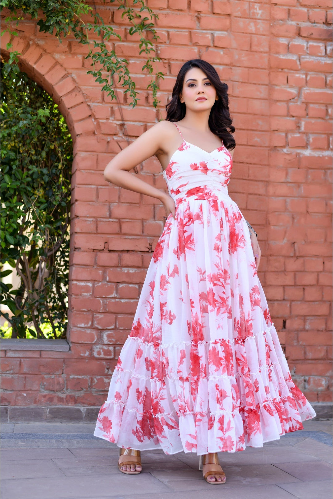 Anastay White Floral Chiffon Maxi Gown