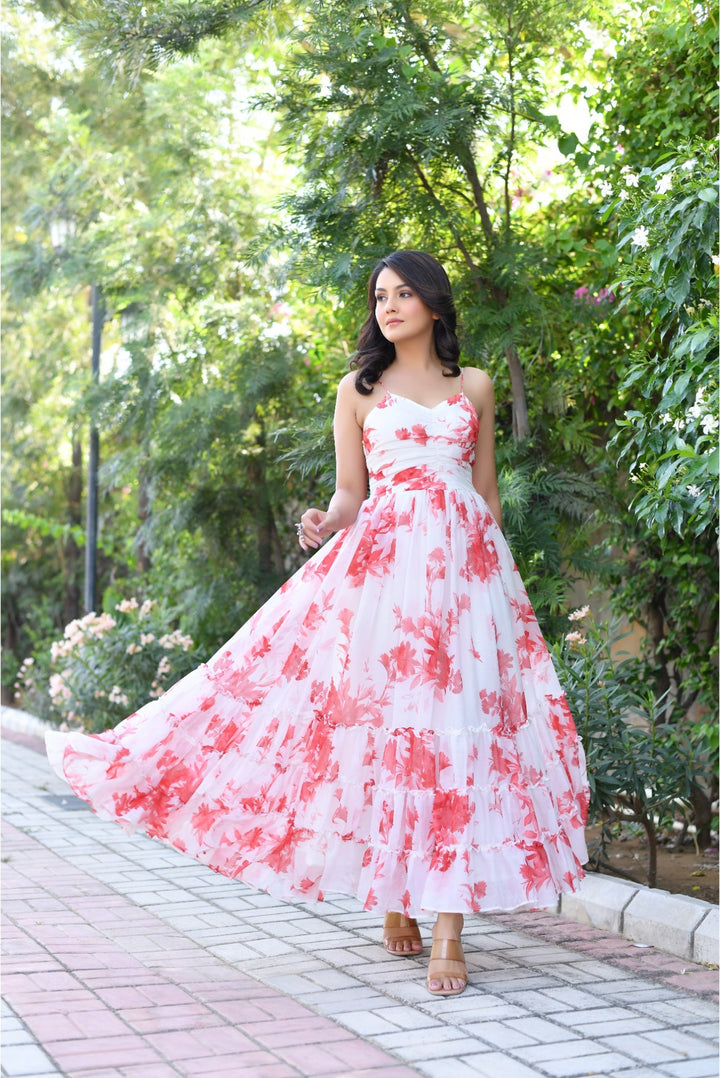 Anastay White Floral Chiffon Maxi Gown