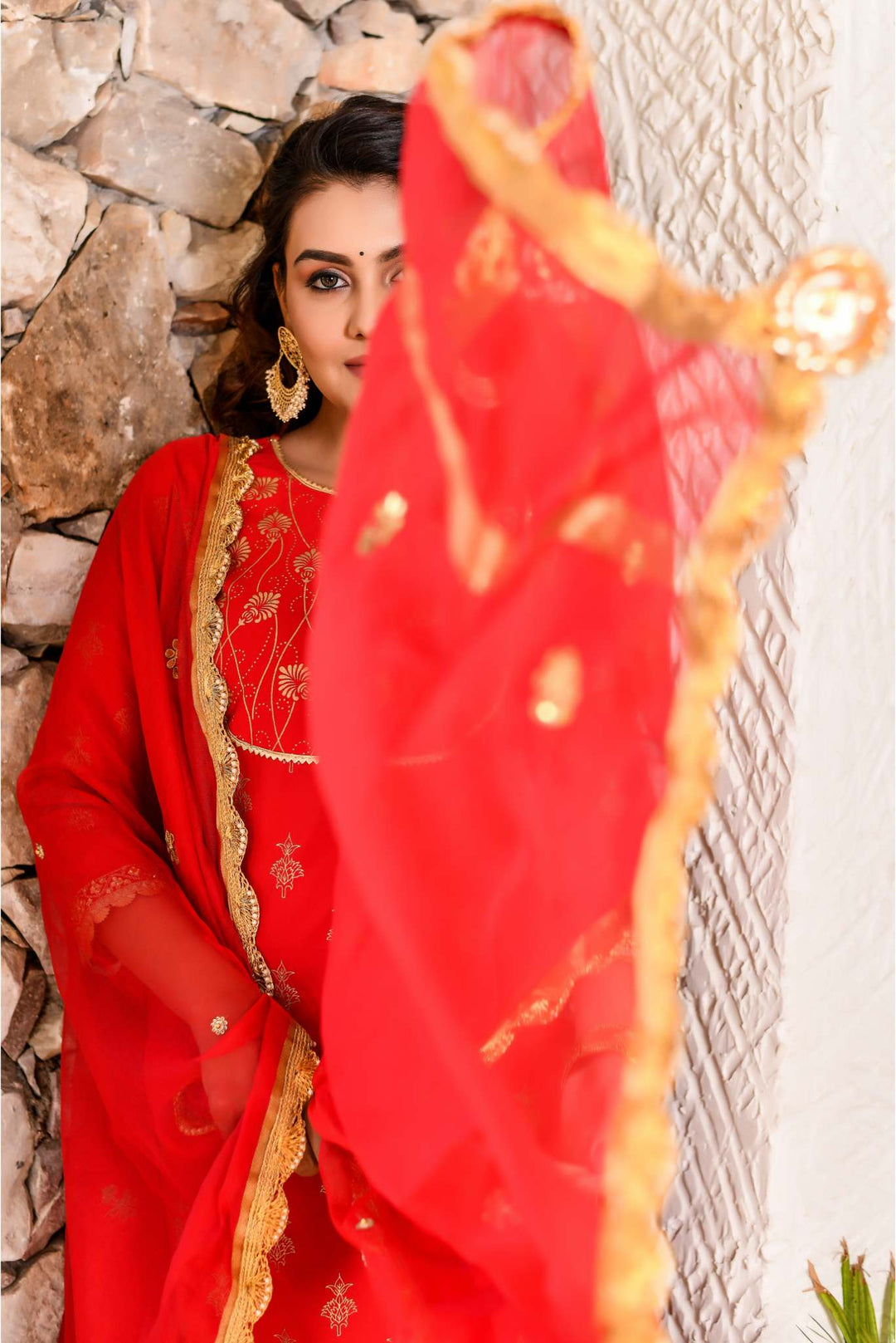 Anastay Cherry Red 3-Piece Short Sharara Kurta & Dupatta set