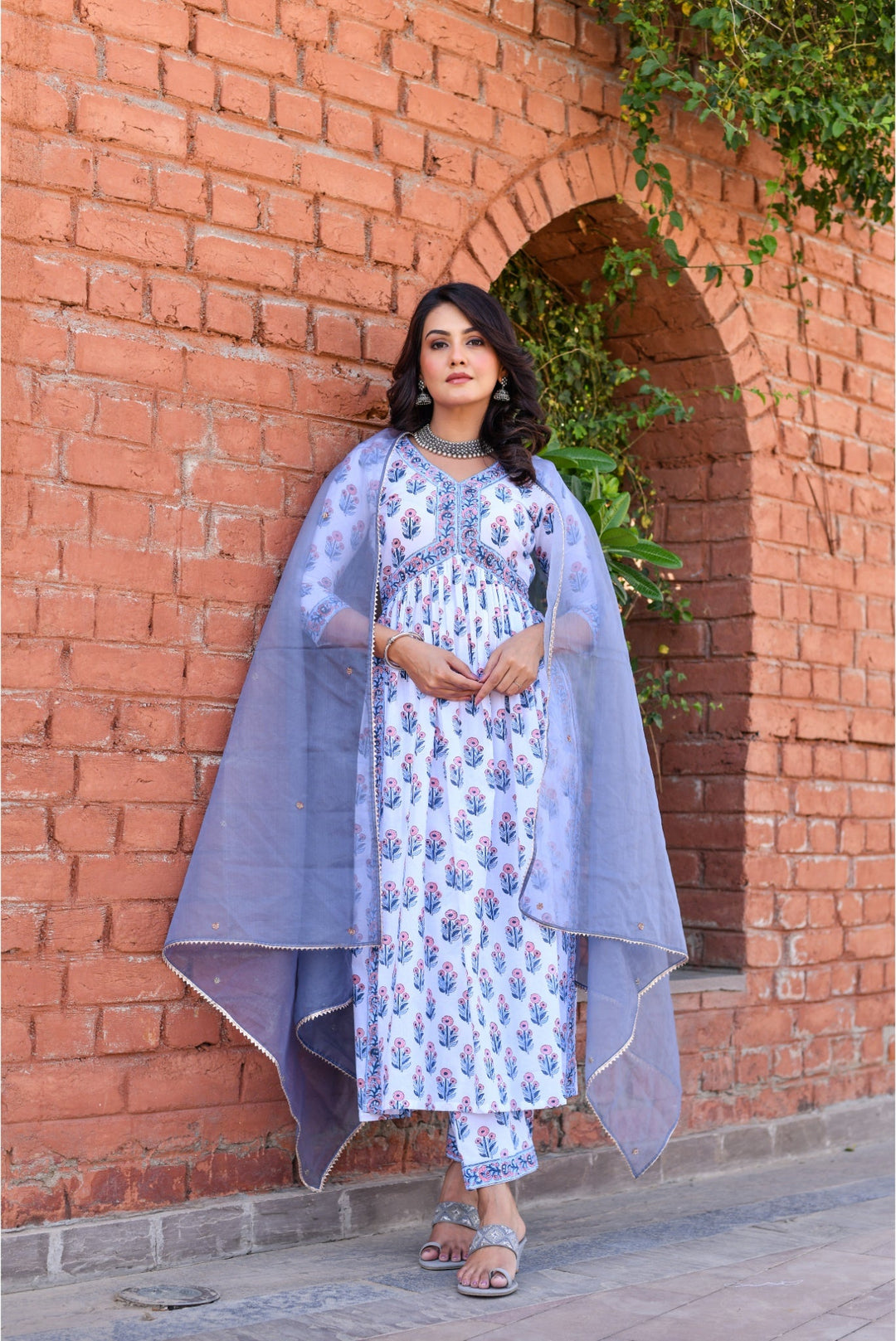 Anastay Star White & Ice Blue Alia Cut Suit set with Organza Dupatta