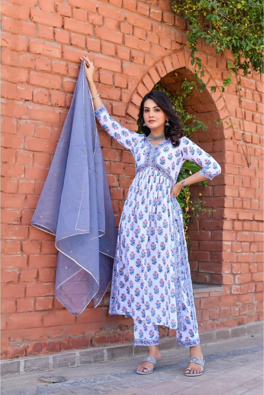 Anastay Star White & Ice Blue Alia Cut Suit set with Organza Dupatta