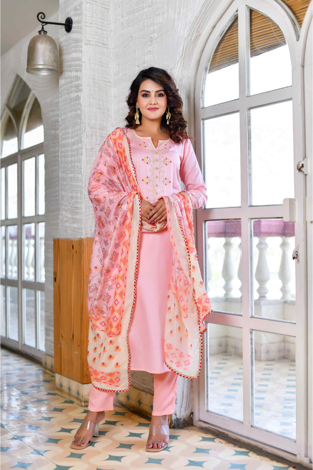 Anastay 3 Piece Salmon Pink Floral embroidered Suit Set