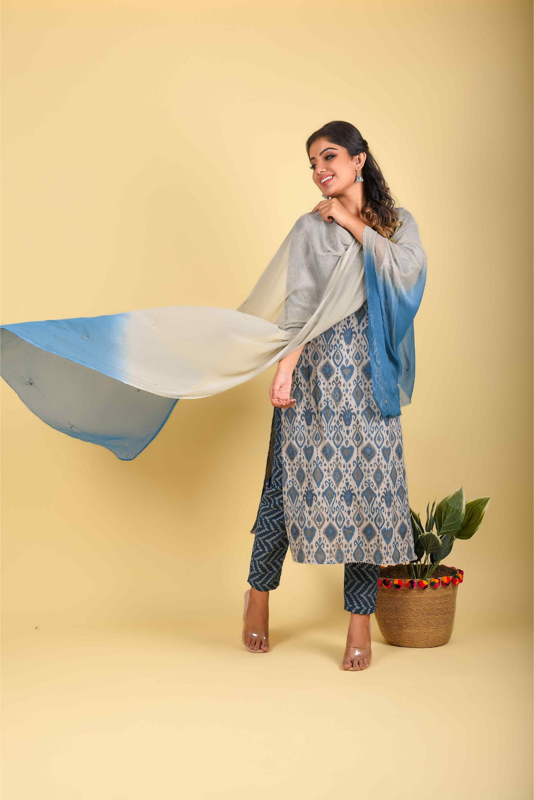 Anastay 3 Piece Cool Grey and Dark- Blue Suit set Paired with soft Dark Blue Shaded Georgette Dupatta