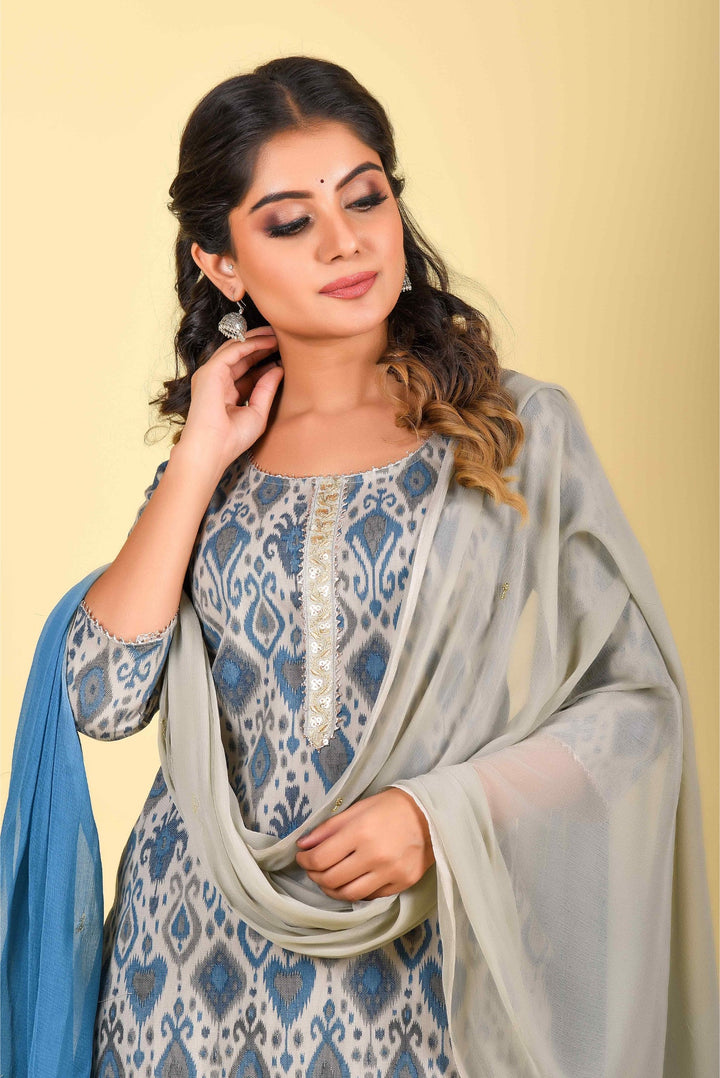 Anastay 3 Piece Cool Grey and Dark- Blue Suit set Paired with soft Dark Blue Shaded Georgette Dupatta