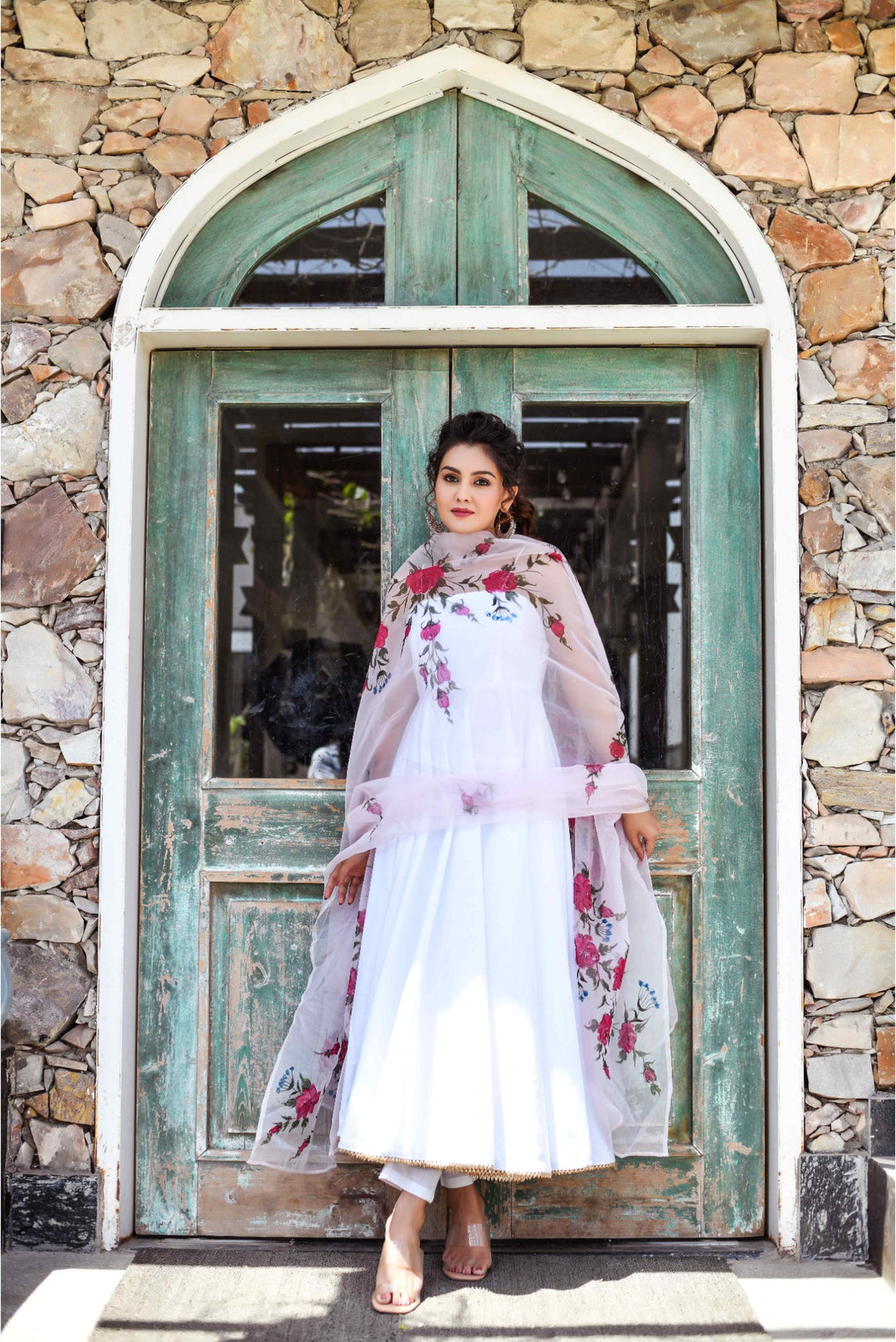 Anastay Starwhite Anarkali With Floral Hand Painted Organza Dupatta
