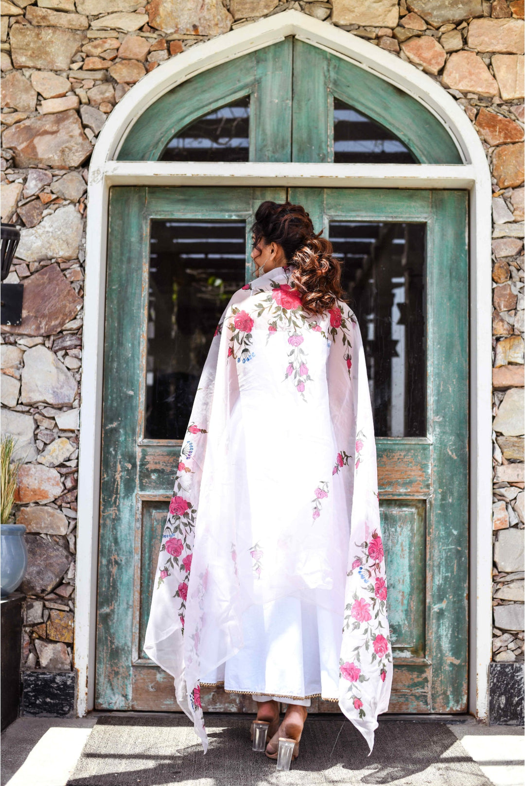 Anastay Starwhite Anarkali With Floral Hand Painted Organza Dupatta