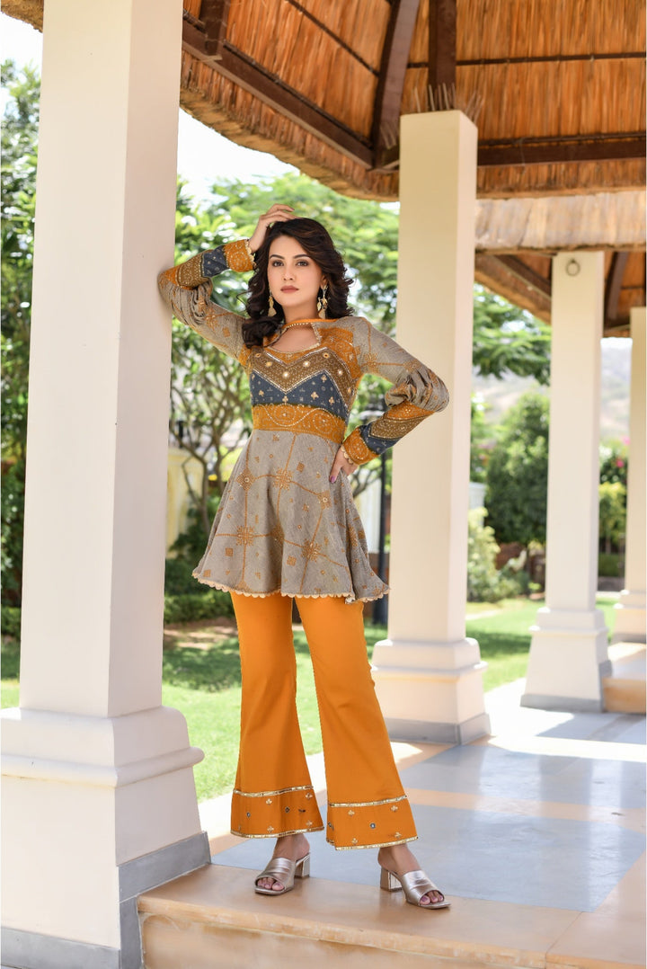 Anastay Grey & Mustard Peplum Top & Pant Set