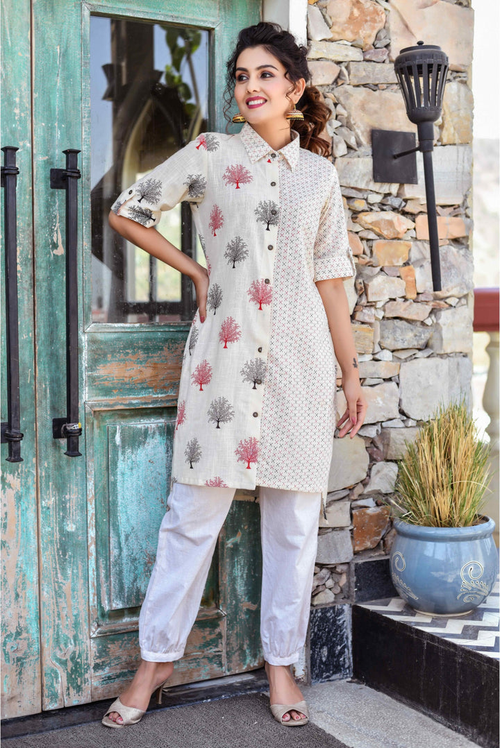 Anastay Cream White and Burgundy Red Half and Half Printed Asymmetric and Tulip s Kurta Set