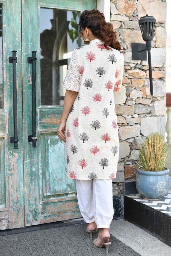 Anastay Cream White and Burgundy Red Half and Half Printed Asymmetric and Tulip s Kurta Set