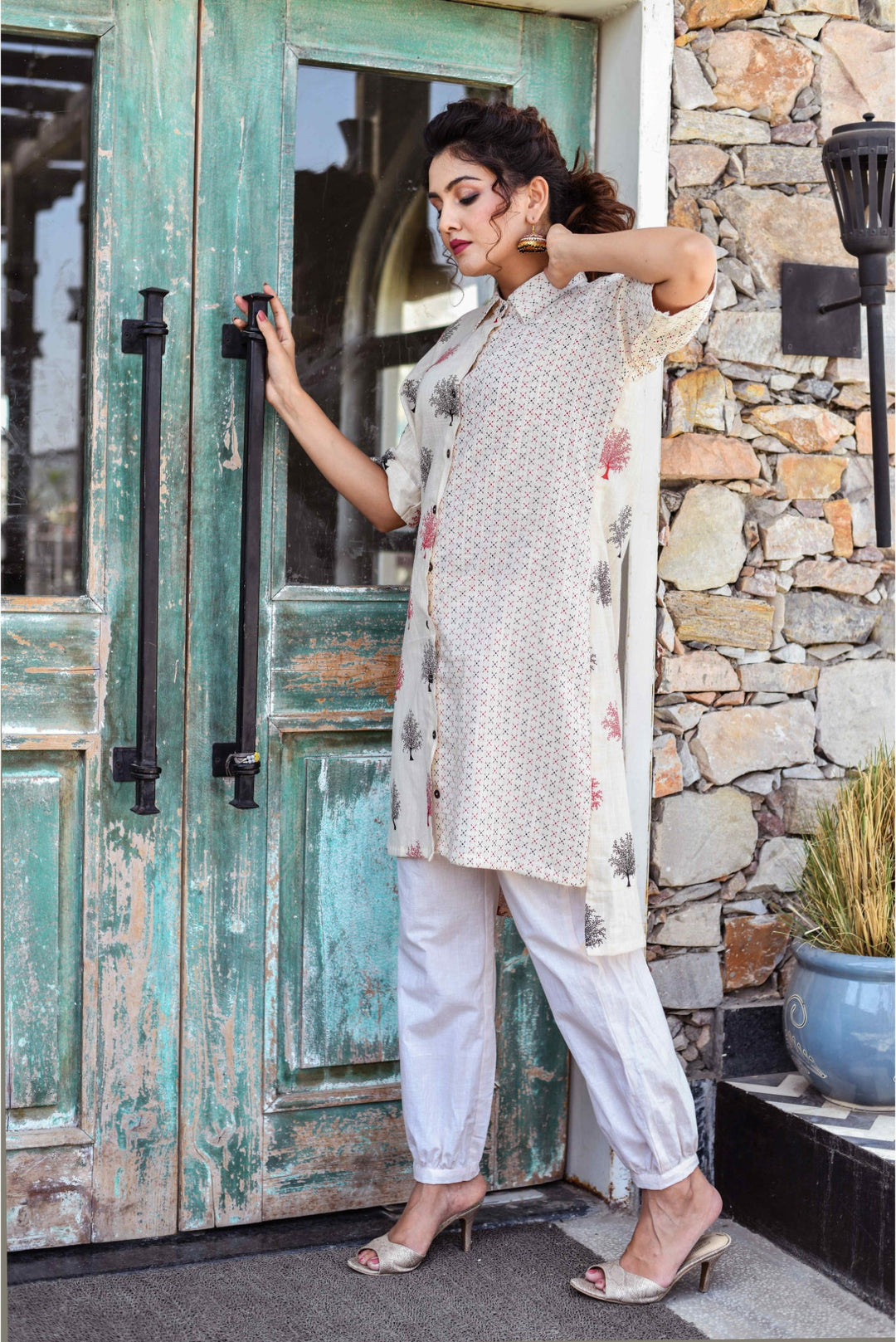 Anastay Cream White and Burgundy Red Half and Half Printed Asymmetric and Tulip s Kurta Set