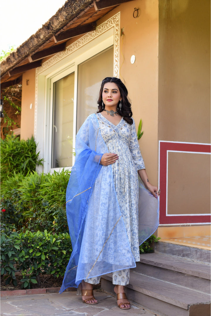 Anastay Powder Blue & Star White Alia Cut Suit set with Organza Dupatta