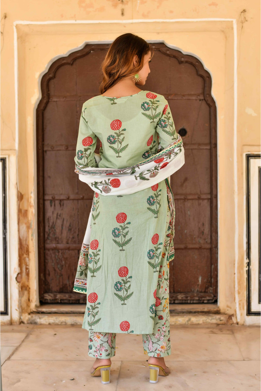 Anastay Pistachio green & off white 3 Piece kurta with printed dupatta and pants