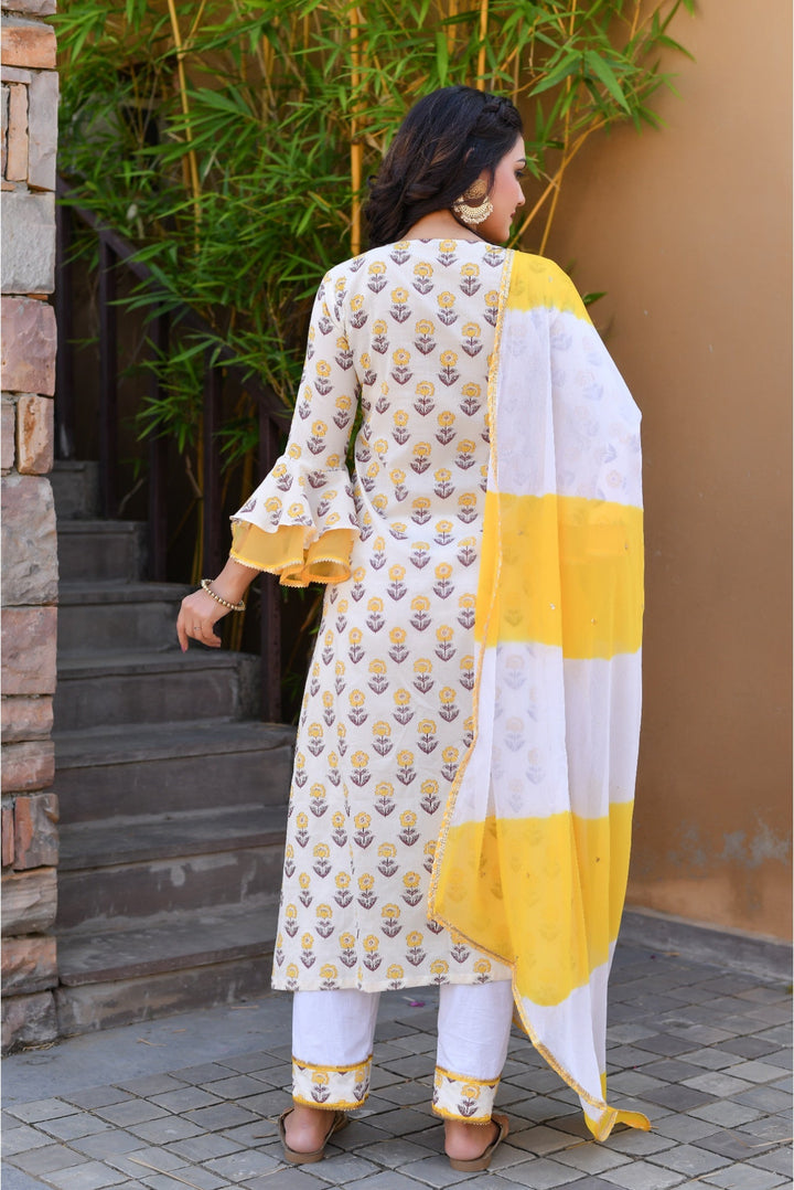 Anastay White & Yellow Bell Sleeves Suit Set