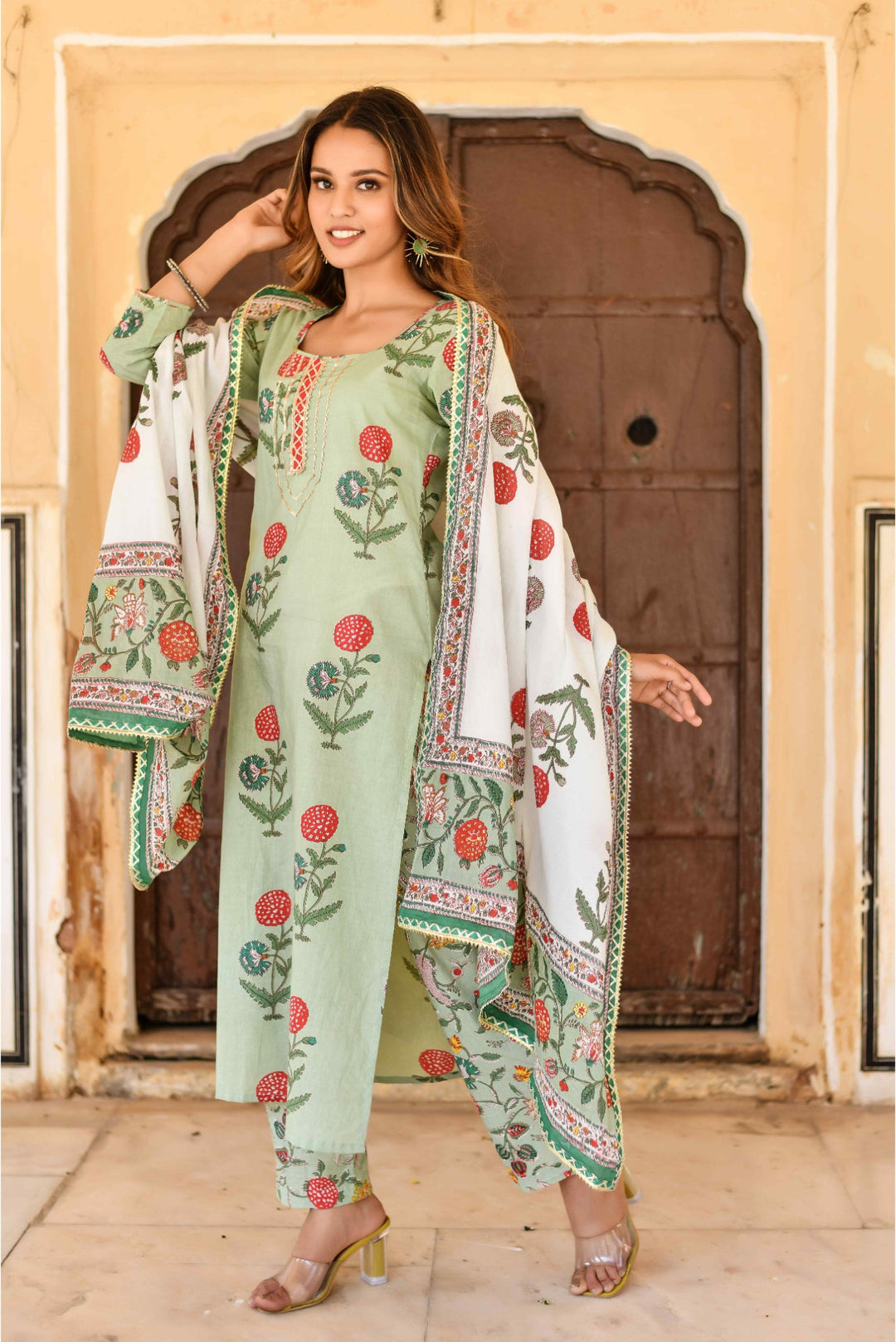 Anastay Pistachio green & off white 3 Piece kurta with printed dupatta and pants