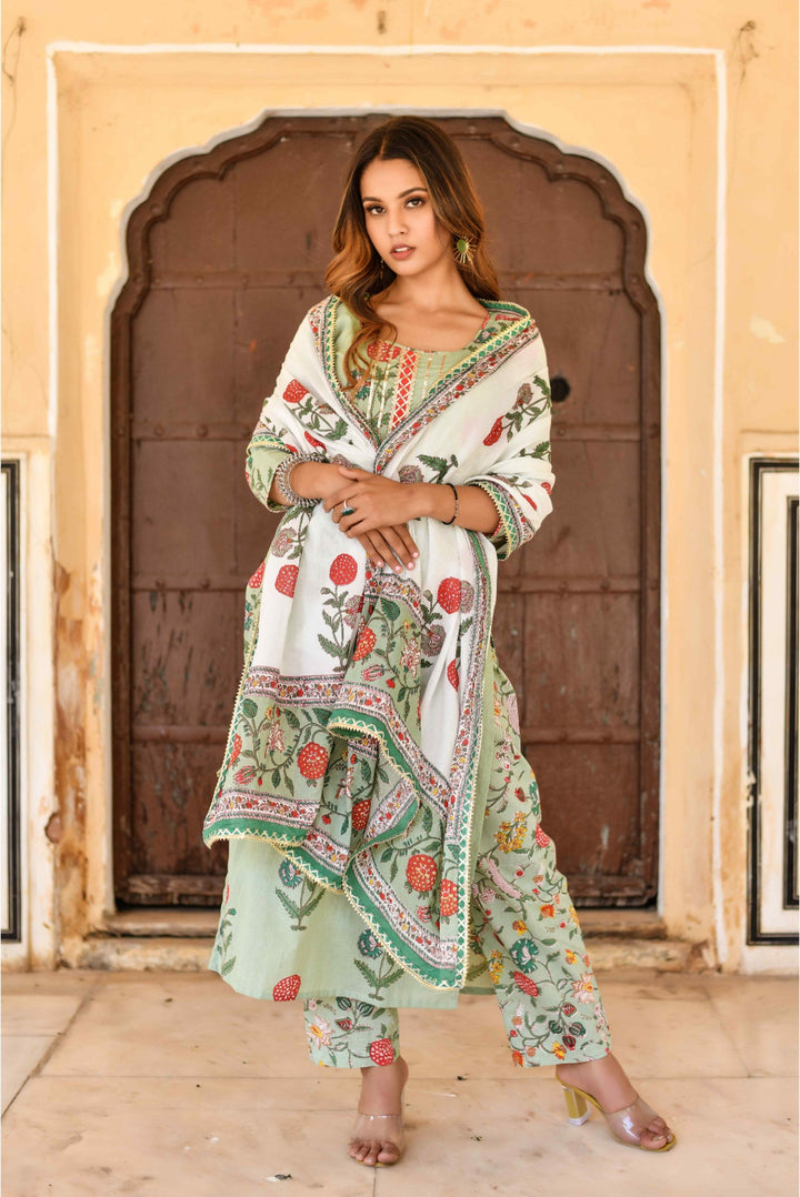 Anastay Pistachio green & off white 3 Piece kurta with printed dupatta and pants