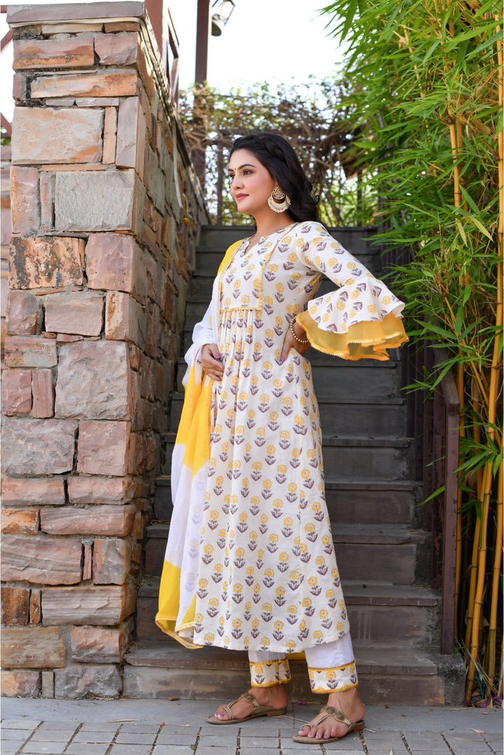Anastay White & Yellow Bell Sleeves Suit Set