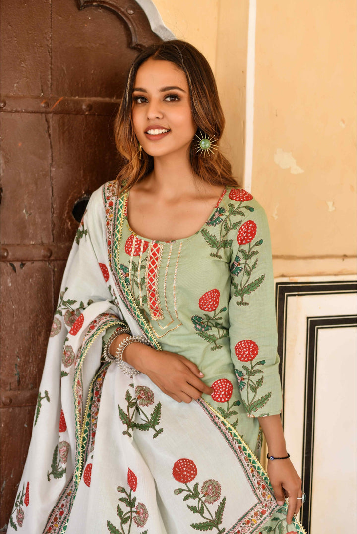 Anastay Pistachio green & off white 3 Piece kurta with printed dupatta and pants