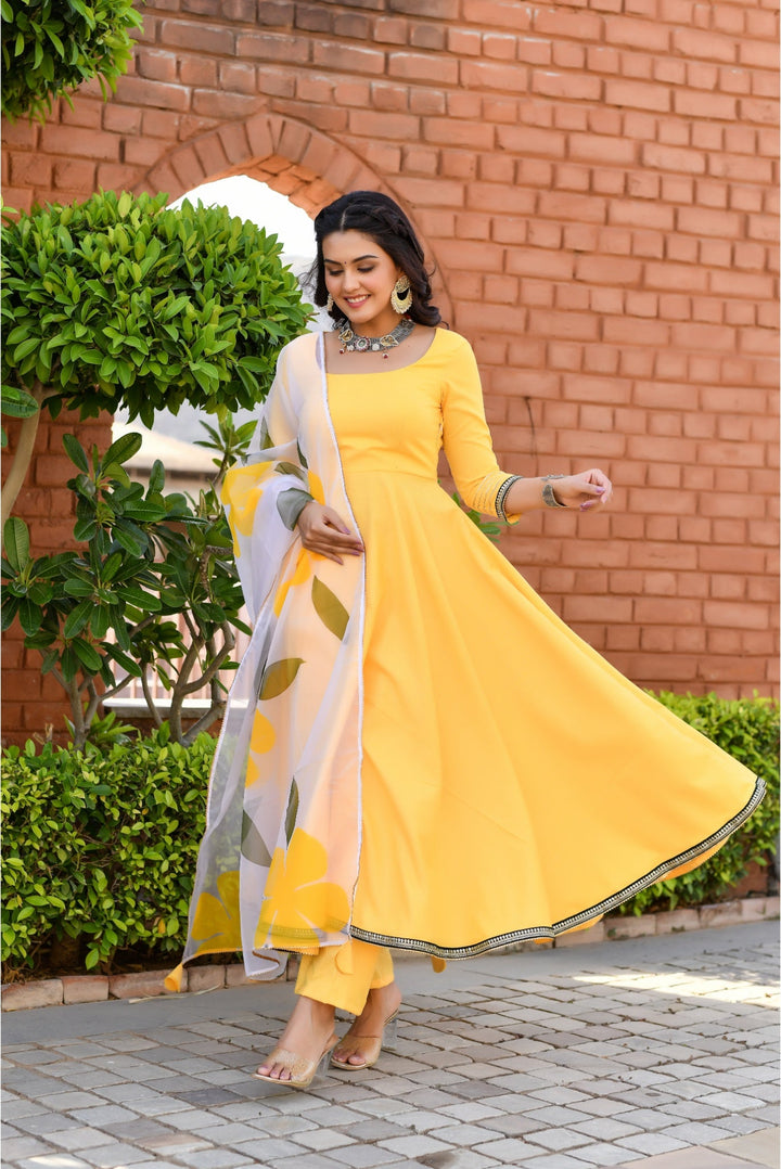 Anastay Mango Yellow Empire Cut Anarkali Set with Floral Organza Dupatta