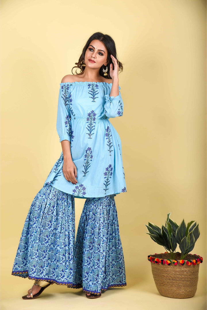 Anastay Aqua mixed with Royal Blue Off- Shoulder Empire Gathered Short Kurta with Sharara