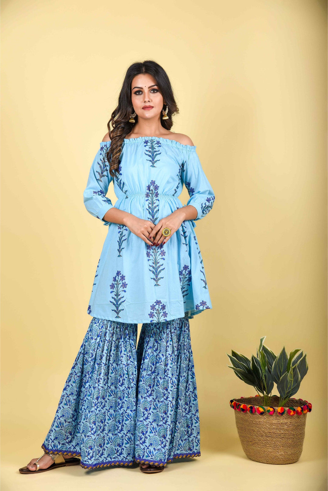 Anastay Aqua mixed with Royal Blue Off- Shoulder Empire Gathered Short Kurta with Sharara