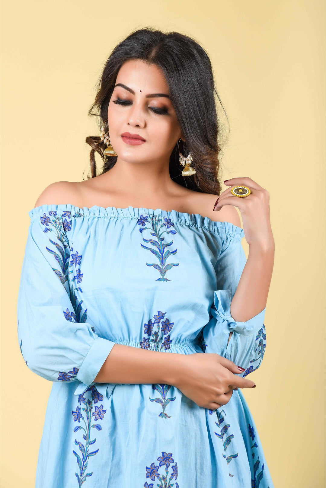 Anastay Aqua mixed with Royal Blue Off- Shoulder Empire Gathered Short Kurta with Sharara