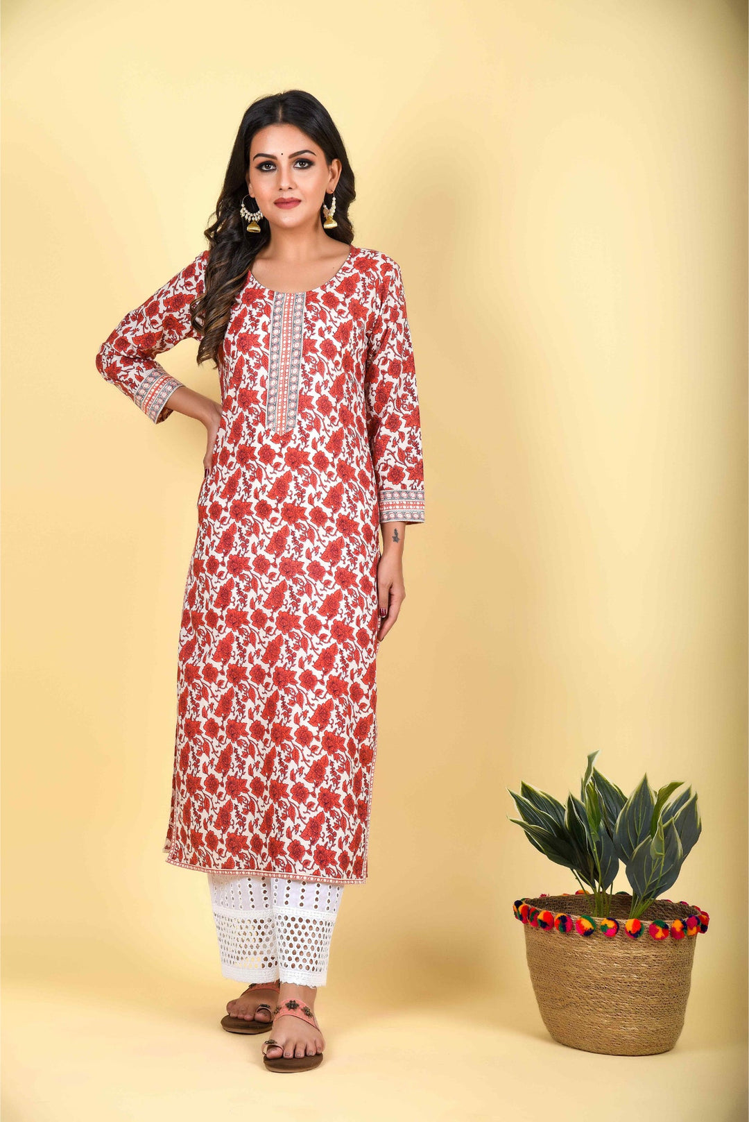 Anastay Cherry Red and Cream white Straight with Palazzo Kurta Set