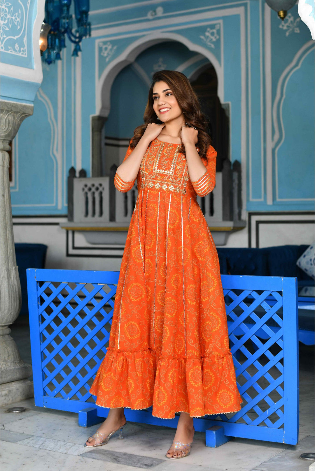 Anastay Sorbet Orange Bandhej Gota-embroidered Ethnic Dress