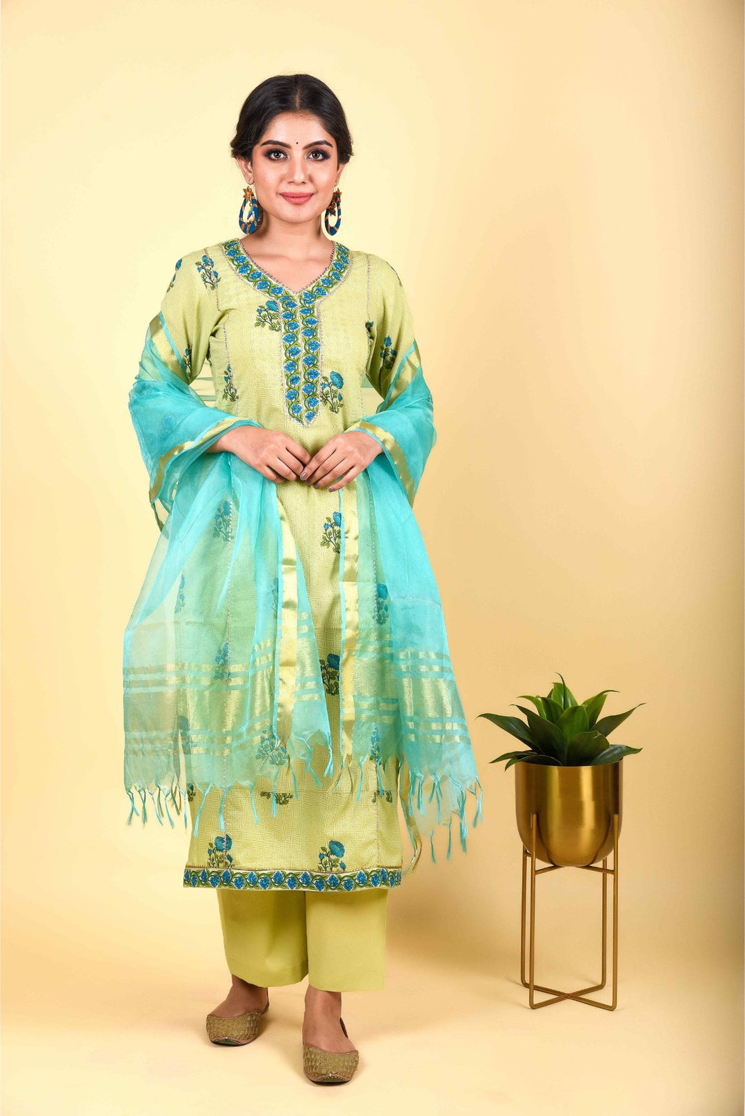 Anastay 3 Piece classic caterpillar green kurta & Pants accompanied with our Jade blue organza dupatta