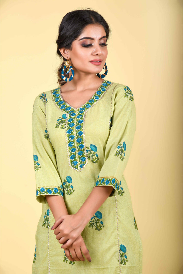 Anastay 3 Piece classic caterpillar green kurta & Pants accompanied with our Jade blue organza dupatta