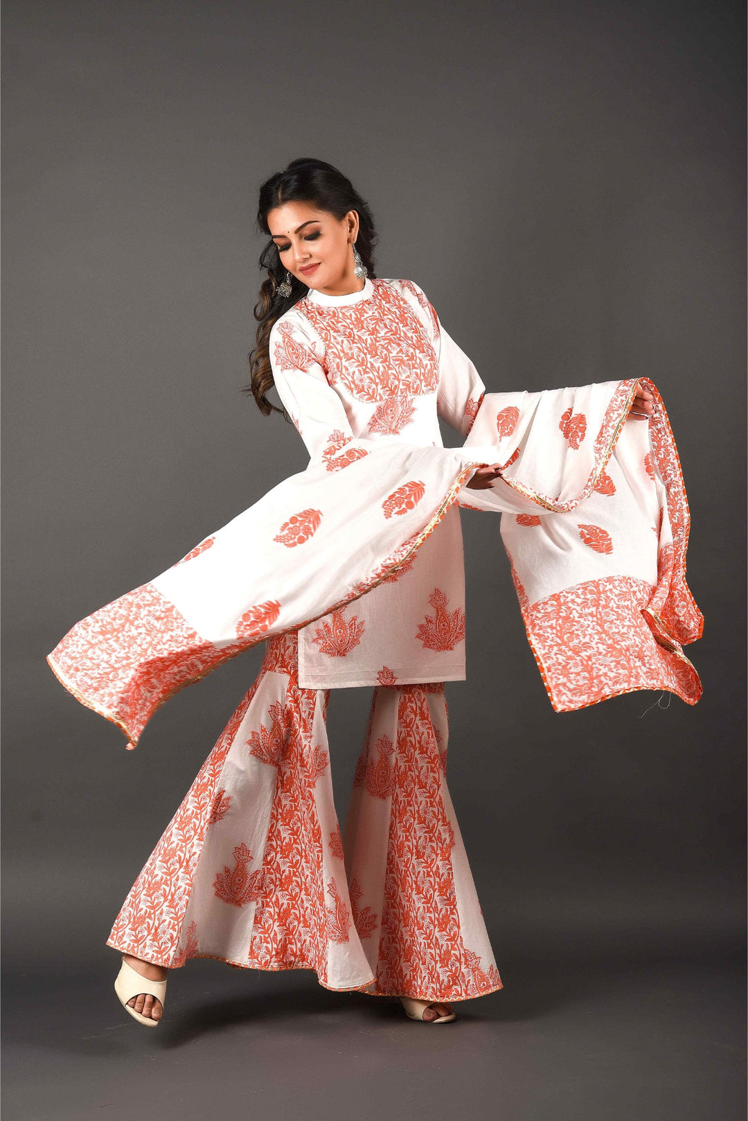 Anastay Sorbet Orange & Lily White 3-piece Short kurta Set with Matching Dupatta