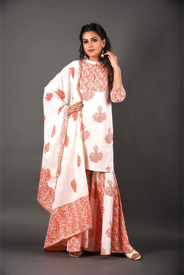 Anastay Sorbet Orange & Lily White 3-piece Short kurta Set with Matching Dupatta