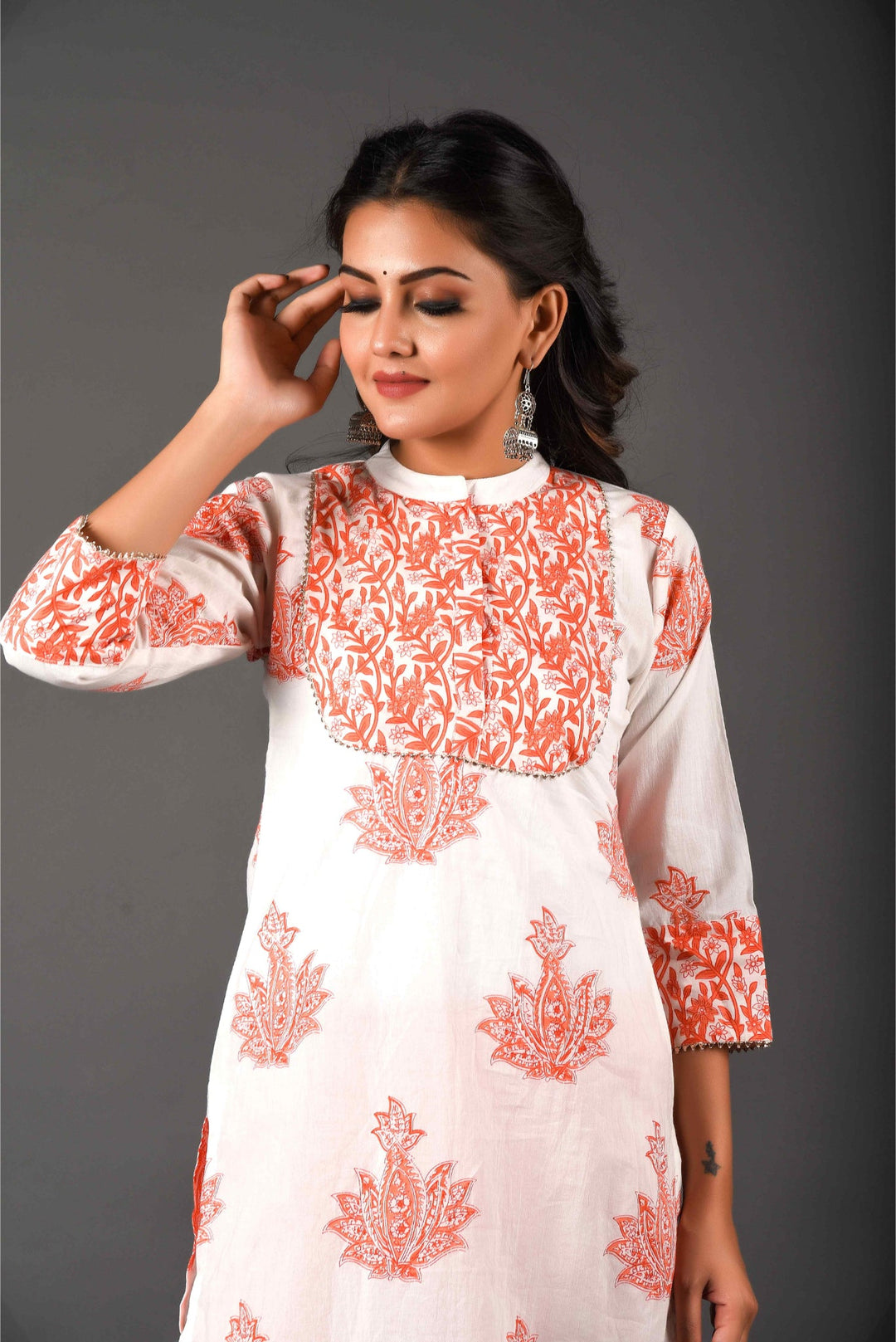 Anastay Sorbet Orange & Lily White 3-piece Short kurta Set with Matching Dupatta