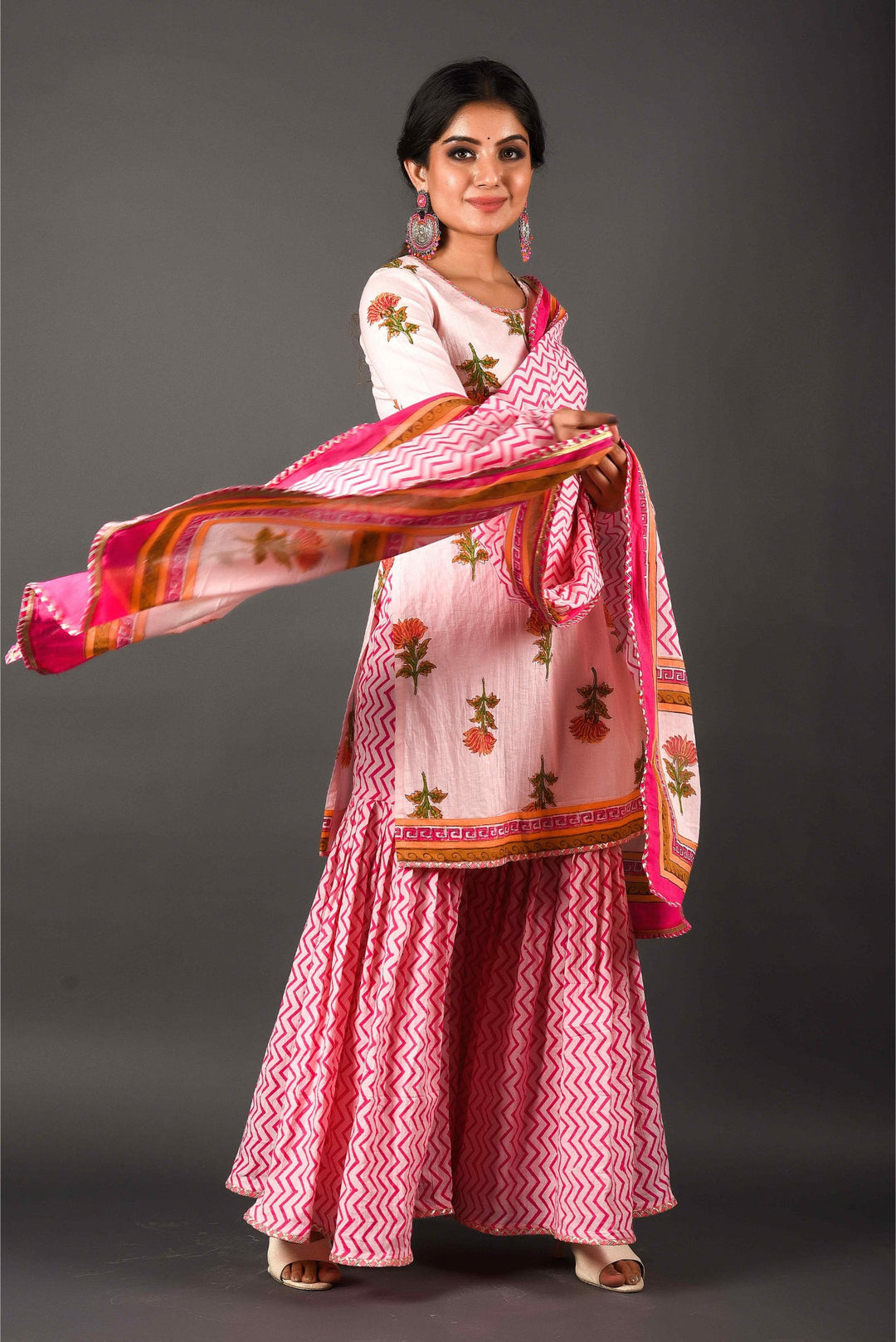 Anastay Bubble gum & Flamingo Pink Short Kurta Adorned with Zig Zag pattern dupatta & Garara