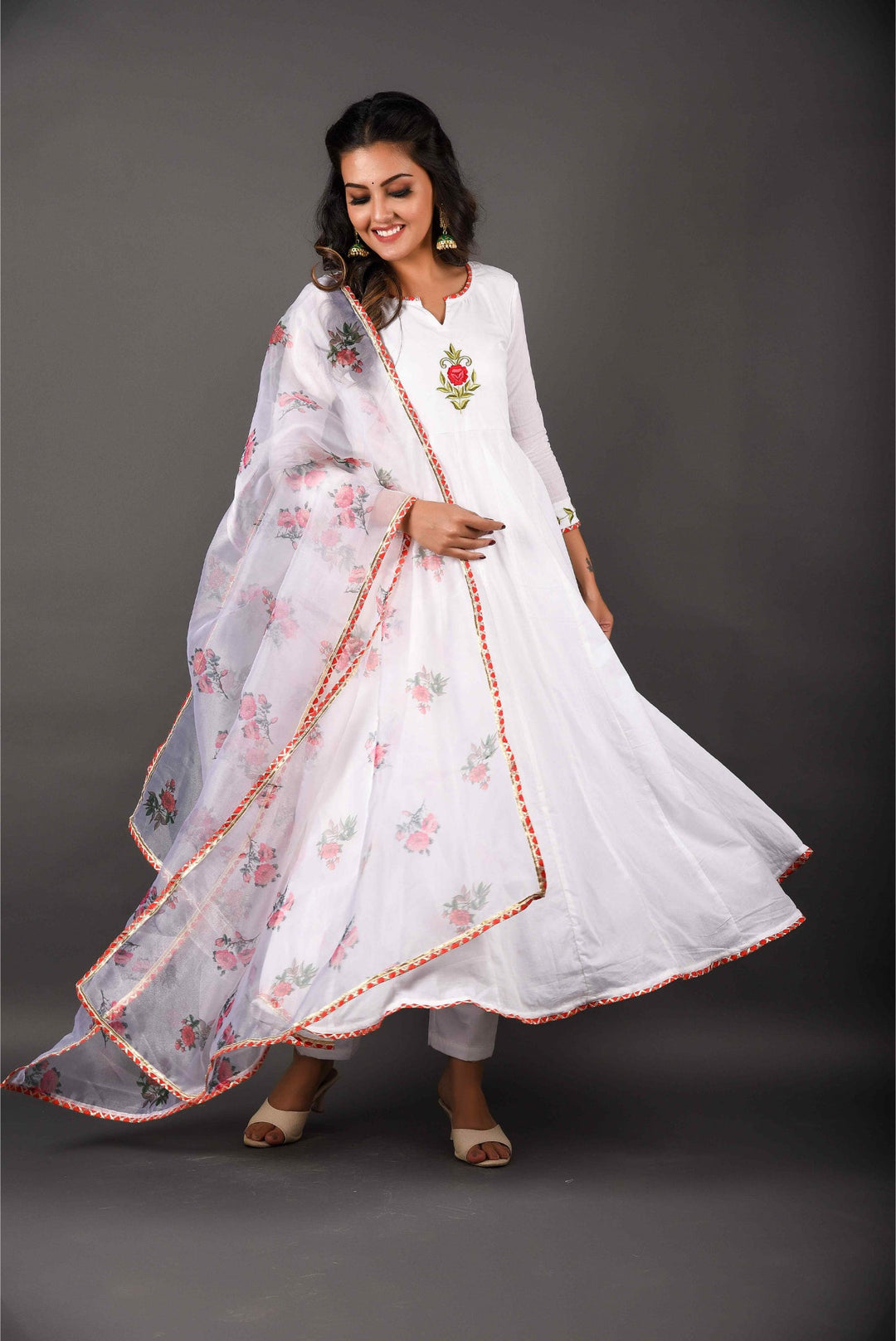 Anastay Bright White & Tropical Peach 3- piece Anarkali set with matching palazzo and dupatta